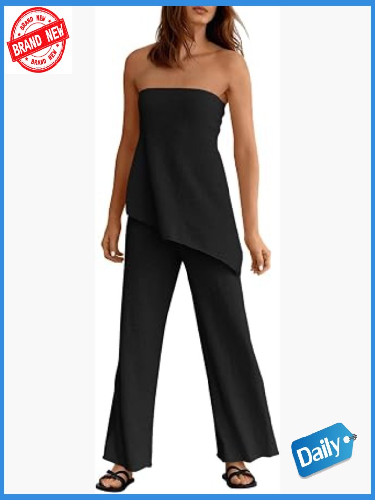 2 Piece Matching Lounge Set Tube Top Wide Leg Pants Knit Travel